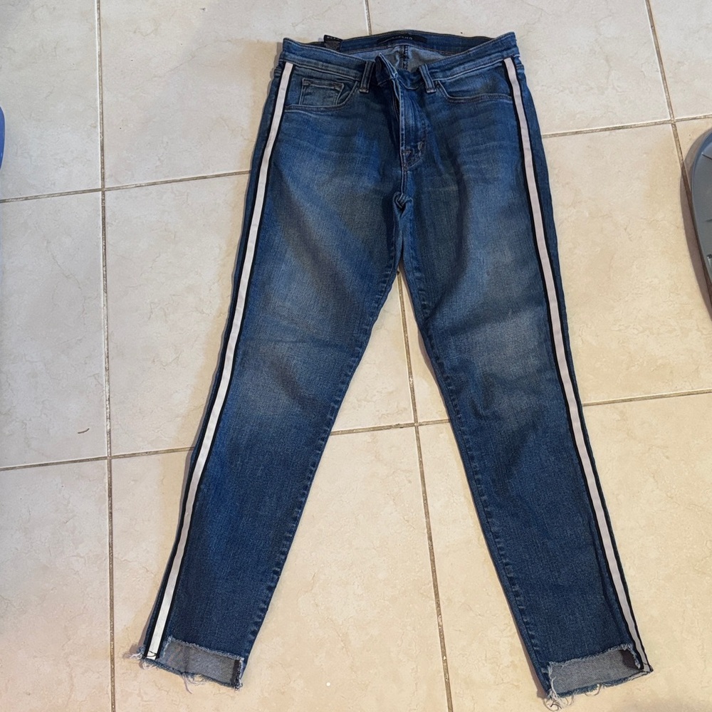 J Brand Dark Blue Skinny Jeans with White Side Stripes